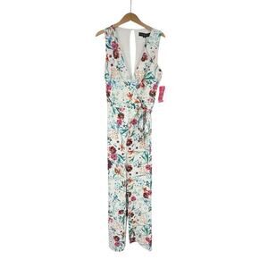 Little Mistress Floral Wrap Jumpsuit Women’s Sleeves Tie Waist Wide Leg 10 Tall
